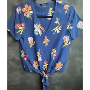 Madewell Silk Tie Front XS Blue Floral Blouse V Neck Short Sleeve Lightweight
